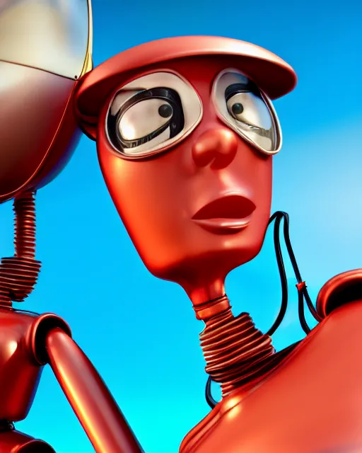 Image similar to highly detailed closeup, face profile portrait of a tin toy retro 1 9 5 0 s robot, bikini, unreal engine, max fleischer, global illumination, detailed and intricate environment