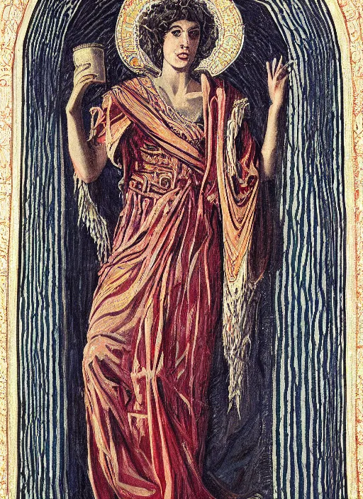 Prompt: Portrait of a beautiful priestess from the oracle of Delphi, looking into the flames, greek fabric