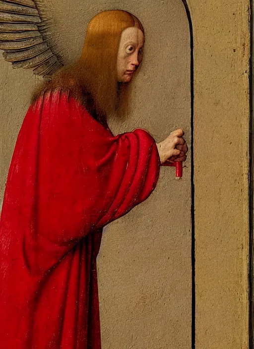 Image similar to profile of a fallen angel dressed in red with wings by Jan van Eyck, Hieronymus Bosch, Johannes Vermeer 4k post-processing, highly detailed medieval painting