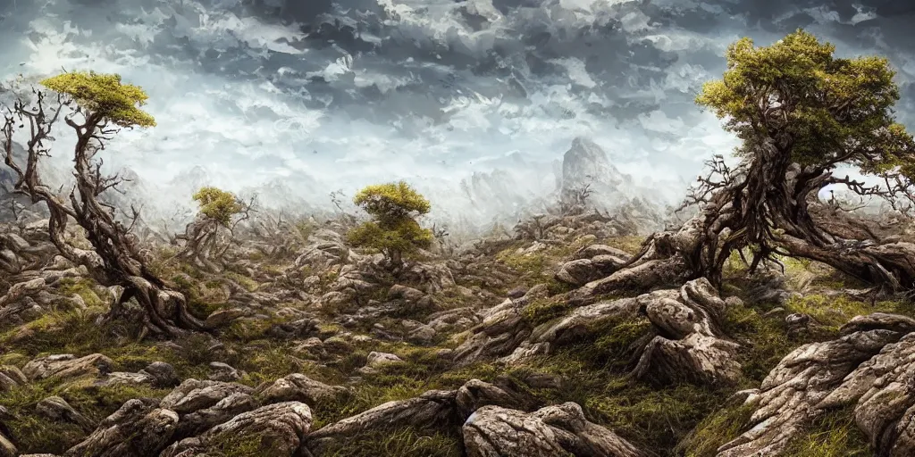 Prompt: rocky landscape of bent keeled toppled windswept trees, background is soilless rocky terrain, high quality fantasy art, 4k