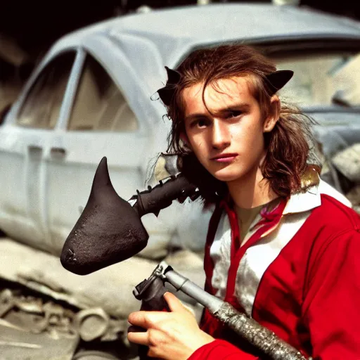 Image similar to close up headshot of a swiss teen as a skinny high-fantasy elf with a long face narrow chin and spiky blonde hair wearing dark brown overalls and holding a bomb next to a destroyed car, high resolution film still, HDR color