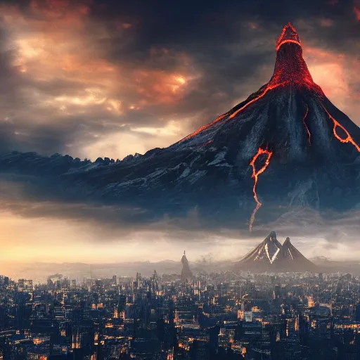 Image similar to mordor as a bustling city, highly detailed, sharp focus, skyline, vast, gothic, lord of the rings, mount doom, 4 k, fantasy, cinematic, dystopian