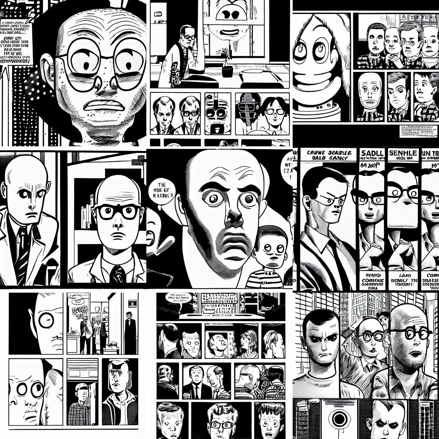 Prompt: a single sad, fearful guy by daniel clowes, comic, black and white, single panel, close up