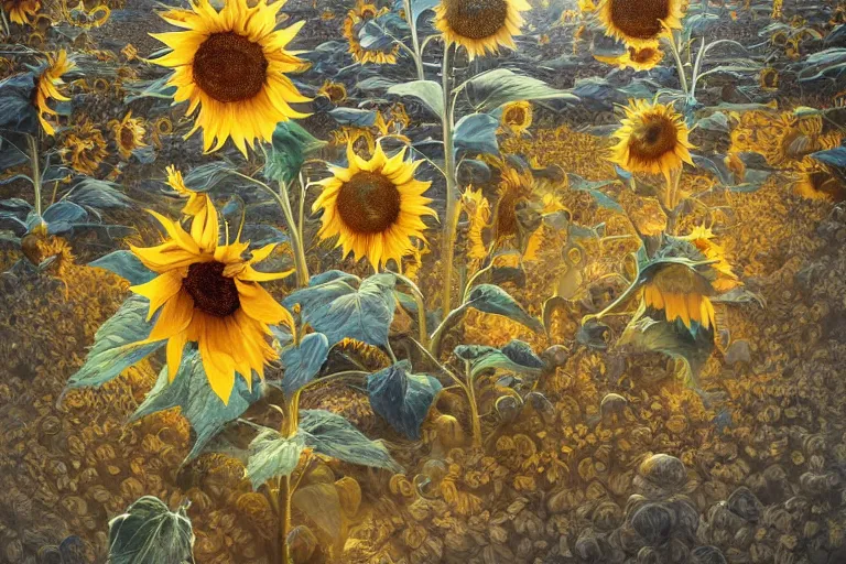 Prompt: Sunflowers and a Temple of Solstice's Power, intricate, elegant, highly detailed, digital painting, artstation, concept art, smooth, sharp focus, hyperrealistic