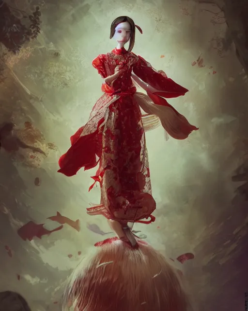 Image similar to detailed photo of pearl japanese doll, beautiful clothes, innocent, elegant red dress, 8 k, by tristan eaton, stanley artgermm, tom bagshaw, greg rutkowski, carne griffiths, trending on deviantart, hyper detailed, glorious lighting, epic environment