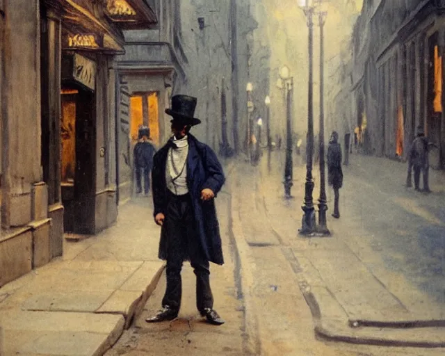 Image similar to a ragged clothed man begging on a street in early 2 0 th century paris. he has a top hat. street lights. evening. warm atmosphere. epic scene. blue vivid colours. 4 k, hyperdetailed. realism