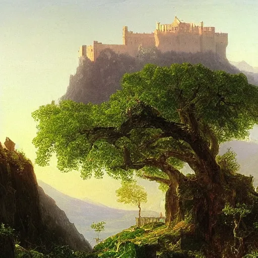 Image similar to A castle built upon a mountaintop, overlooking a large magical tree in the meadow, by Thomas Cole and Albert Bierstadt