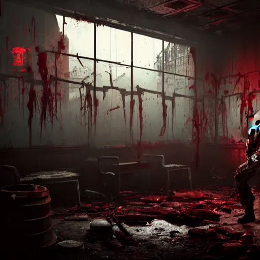 Image similar to fallout 5, butcher angry horror zombie, portrait, indoors dilapidated butchery interior, atmospheric lighting, intricate, volumetric lighting, grimdark, daytime, sharp focus, deep colours, ultra intricate detailed, octane render, unreal engine, by leesha hannigan, ross tran, thierry doizon, kai carpenter, ignacio fernandez rios