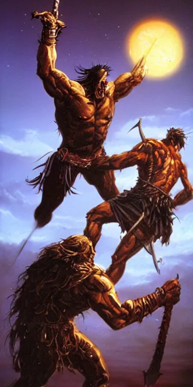 Image similar to the undead barbarian warrior fights a god, night scene, concept art by boris vallejo and michael whelan