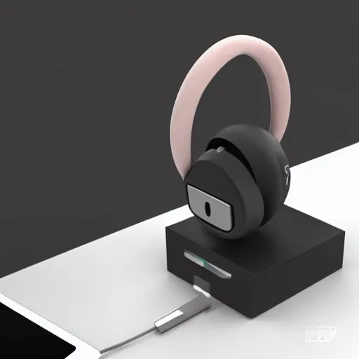 Image similar to wireless headphone stand, futuristic, techno, cyberpunk, product design, render, concept, fun, cute