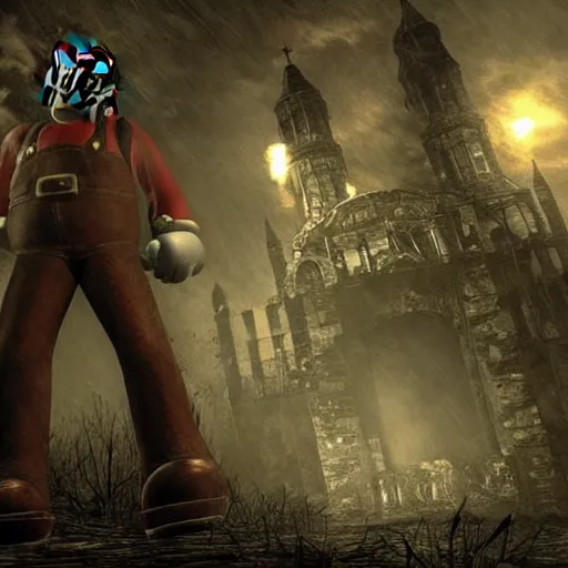 Image similar to mario in a ruined kingdom, resident evil, gothic horror, silent hill, occult, terror, mist