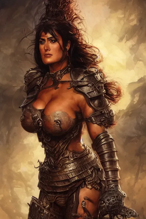 Image similar to muscular beautiful salma hayek wearing armor tombow artwork greg staples , dug stanat, norman rockwell , christophe young eytan zana , rumiko takahashi ,HD 4k ,trending on artstation