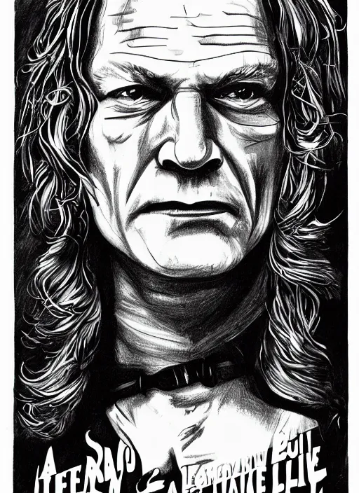 Image similar to a drawing of ted levine as buffalo bill in silence of the lambs, poster art by emiliano ponzi, behance contest winner, pop surrealism, concert poster, tarot card, poster art