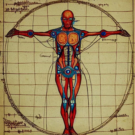 Prompt: cyborg as a vtruvian man blueprint by leonardo davinci