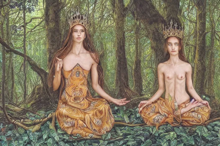 Image similar to a calm beautiful queen sitting in the forest by amanda sage, portrait,