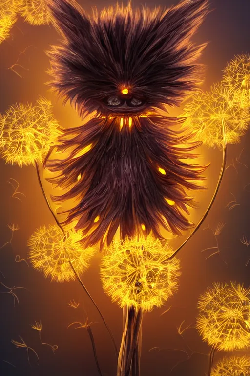 Image similar to a glowing humanoid figure dandelion monster with large glowing eyes, surrounded by golden coins, highly detailed, digital art, sharp focus, trending on art station, anime art style