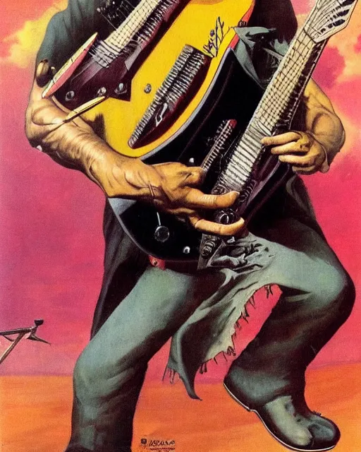 Prompt: Hans Moleman shredding on a Gibson Flying V, guitar solo, heavy metal artwork by Frank Frazetta
