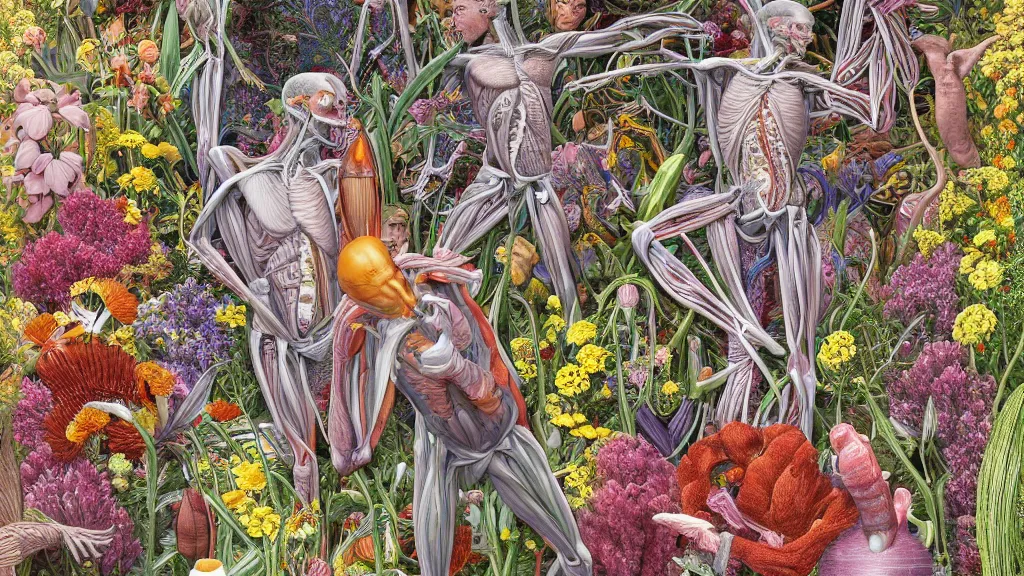 Image similar to highly detailed illustration of human anatomy surrounded by all the known species of flowers by juan gatti!!, by gottfried bammes, by moebius!, by george bridgman, by oliver vernon, by joseph moncada, by damon soule, by manabu ikeda, by kyle hotz, by dan mumford, by kilian eng