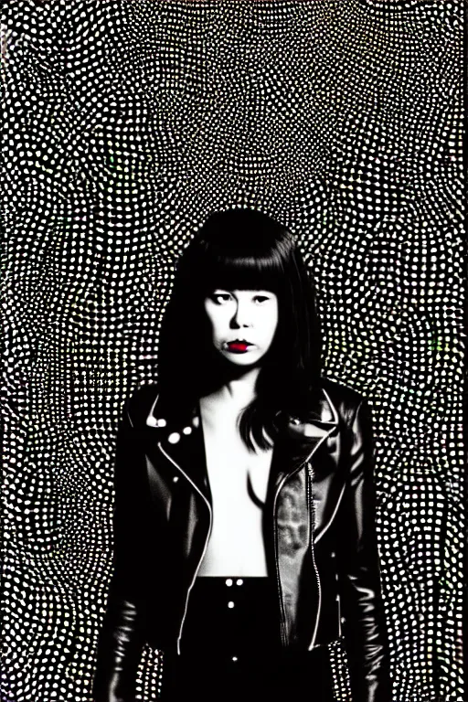 Image similar to dreamy rock girl, black leather jacket, detailed acrylic, grunge, perfect lighting. professional design. great composition, illustration by alex ross, yayoi kusama, peter lindbergh, 8 k