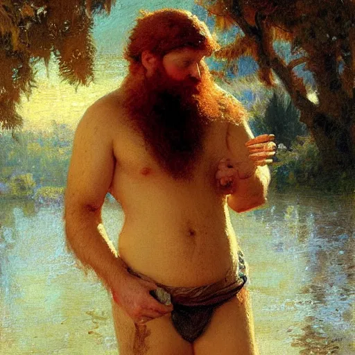 Image similar to a bearded, ginger, hairy man with an husky body type, painting by Gaston Bussiere, Craig Mullins