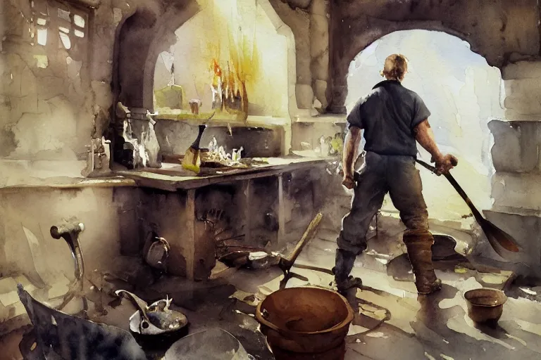 Prompt: small centered on watercolor paper, paint brush strokes, abstract watercolor painting of dirty medieval blacksmith with apron and hammer, anvil, furnace, kiln, cinematic light, national romanticism by hans dahl, by jesper ejsing, by anders zorn, by greg rutkowski, by greg manchess, by tyler edlin