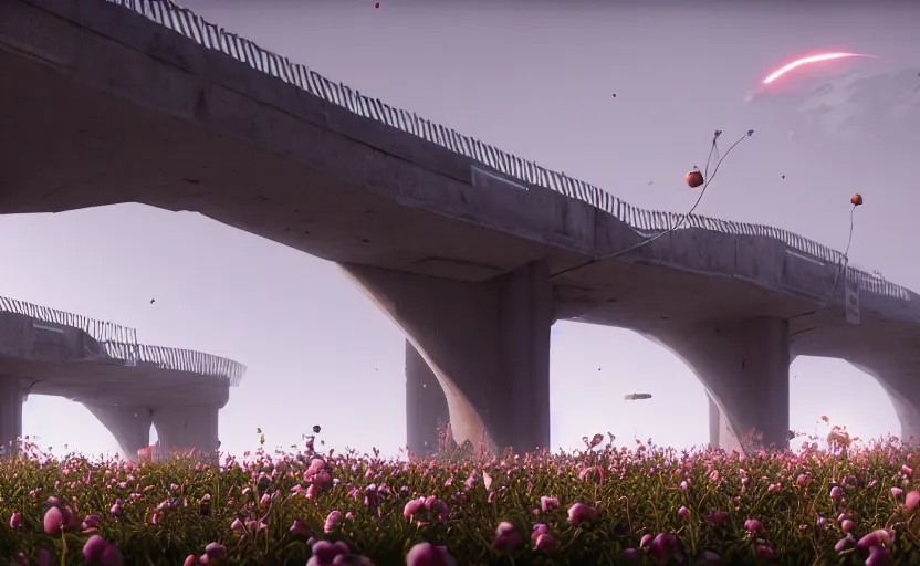 Prompt: a big bridge destroyed by explosions in the form of cotton plants, 3 d octane render, epic lighting, 8 k, by goro fujita