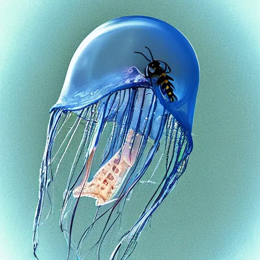 Prompt: a award winning photo of a wasp trapped inside a jellyfish, by national geografic, photorealism