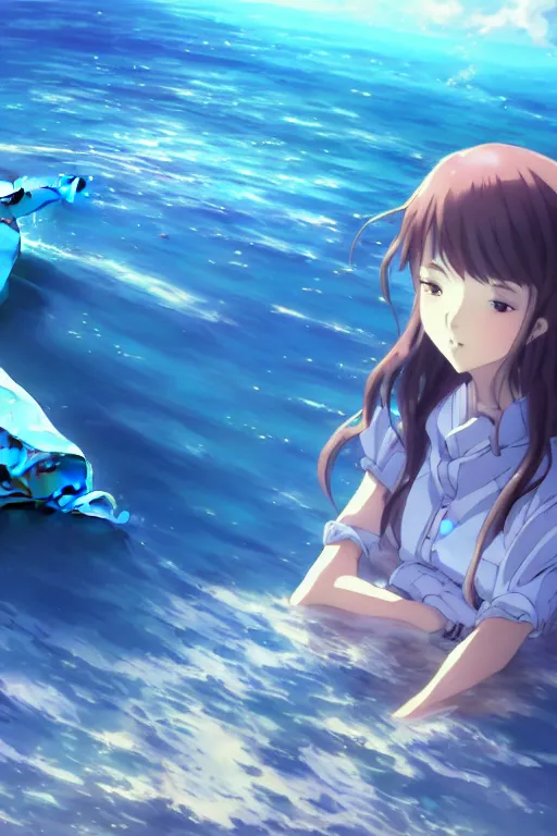 Image similar to a panorama view under the water, anime art full body portrait character concept art, hyper detailed cg rendering of a cute girl and whale, anime key visual of children of the sea, finely detailed perfect face, style of raphael lacoste, makoto shinkai, violet evergarden, studio ghibli, james jean, hayao miyazaki, extremely high quality artwork