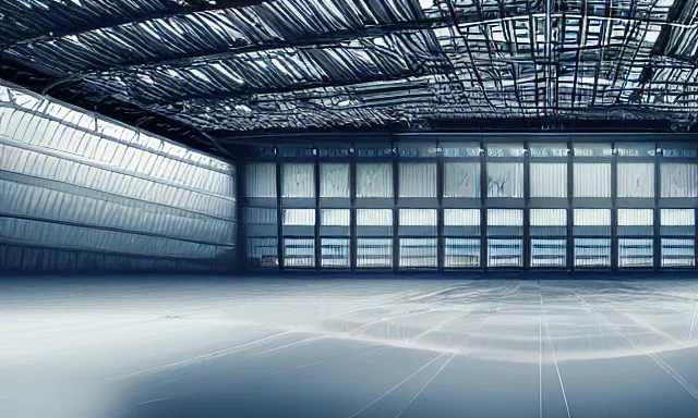 Image similar to matte painting, digital painting, high quality, a spaceship in hangar, symmetric, distant view
