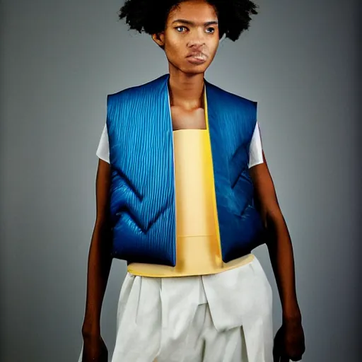 Image similar to realistic photoshooting for a new issey miyake lookbook, color film photography, portrait of a beautiful woman, model is wearing techtical vest, photo in style of tyler mitchell, 3 5 mm,