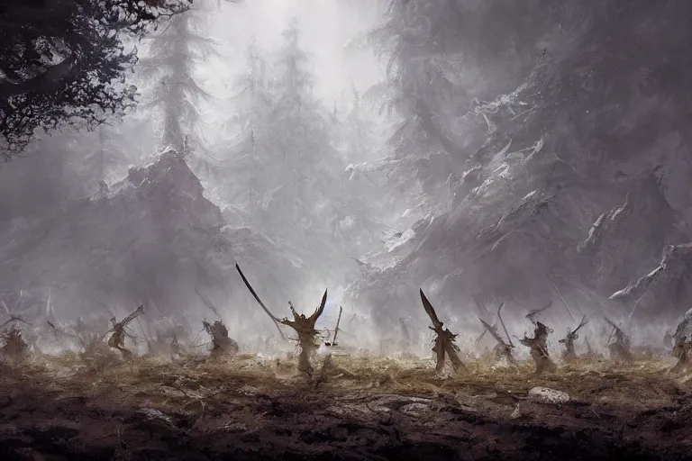 Prompt: fantasy landscape painting, a phalanx of ashigaru mice, brandishing halberd, inspired by brian froud, in an arctic forest, cinematic concept painting, filtered light, by jessica rossier and greg rutkowski