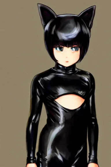 Image similar to attractive little boy in black latex suit with cape an cat ears, artwork made by hiroshiko araki