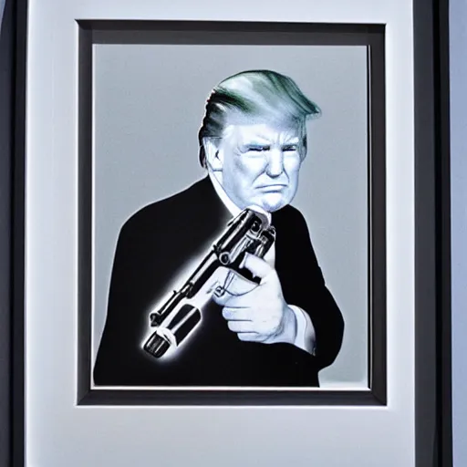 Image similar to trump holding machine gun in a portrait