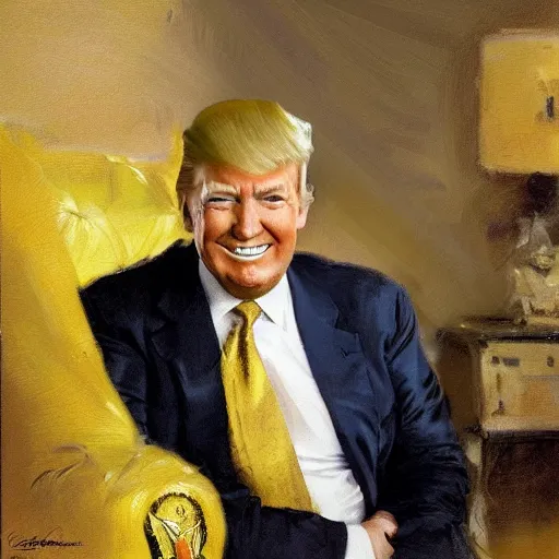 Image similar to detailed portrait of donald trump in yellow suit, spring light, painting by gaston bussiere, craig mullins, j. c. leyendecker