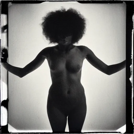 Image similar to polaroid picture, beautiful light - skinned woman, symmetrical face, curly hair, afro, full shot, artistic, black and white, eerie, francesca woodman style