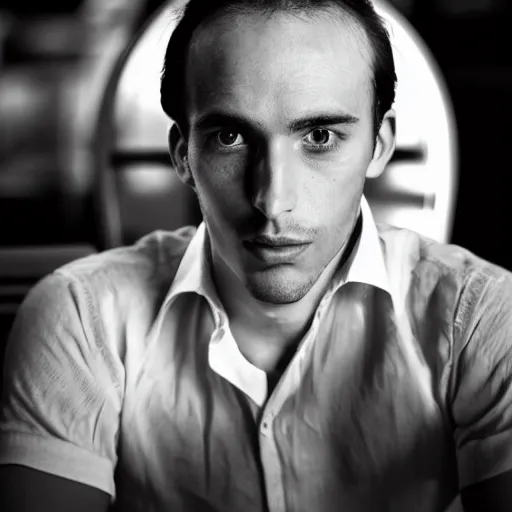 Prompt: portrait of a 3 0 years old frenchman in 1 9 5 0 at a restaurant. award winning photography, 5 0 mm, studio lighting, black and white, contrasted.