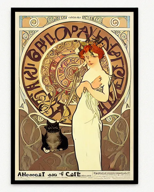 Image similar to art nouveau poster advertising a cat cafe by alphonse mucha, antique canvas texture