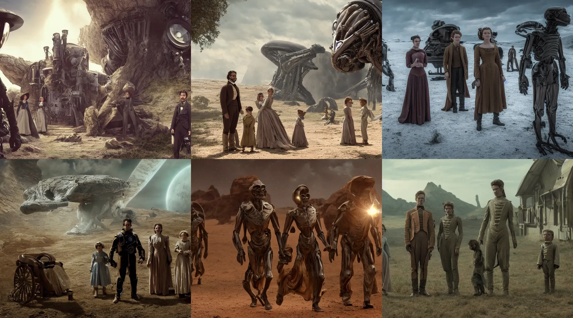 Prompt: still from a sci fi blockbuster movie made in 2022, set in 1860, of a family leaving a spaceship, that has just landed on an alien planet, wearing 1850s era clothes, a humanoid alien stands nearby, cinematic lighting, 4k, in focus faces, oscar winner, high quality photography