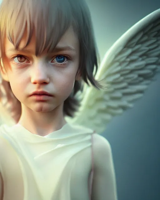 Prompt: small Angel in potrait, prismatic highlights, atmosphere, gorgeous, depth of field, cinematic, macro, concept art, 50mm, artstation, wlop, elegant, weta digital, focus, octane render, v-ray, 8k, kodak portra, art by Liberatore