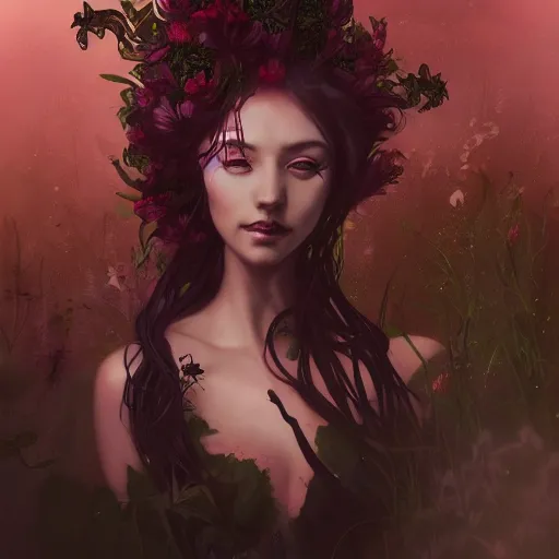 Prompt: Portrait of a dark fantasy nymph, flowers and plants surrounding, stunning, concept art, artstation, dramatic lighting, minimalism