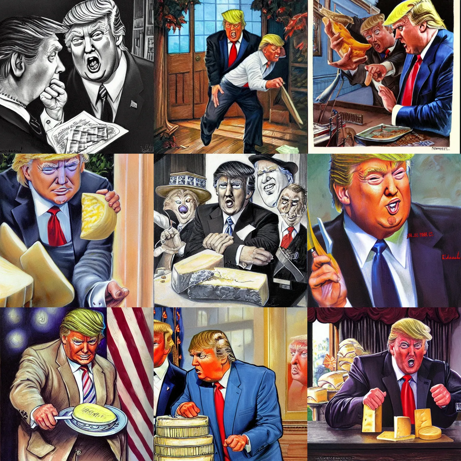 Prompt: a very shifty Donald Trump getting caught sneaking around stealing cheese painted by Earl Norem