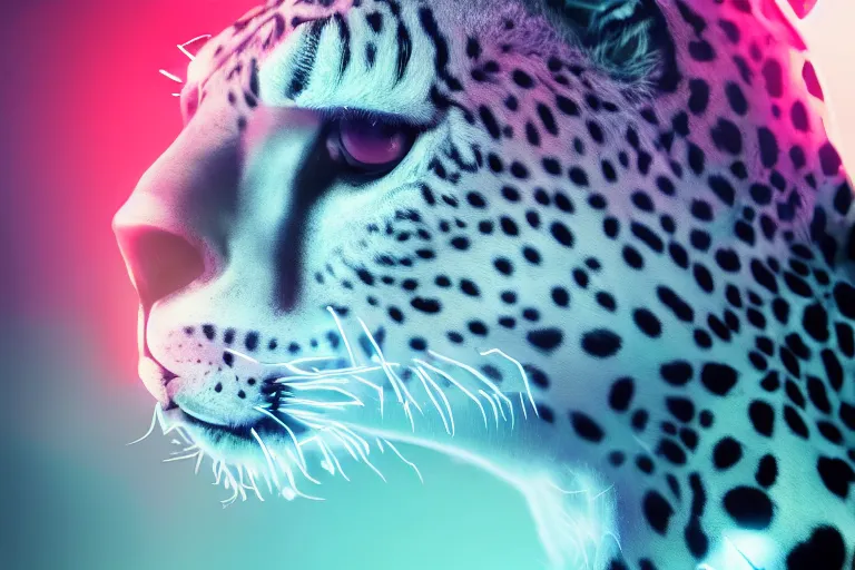 Image similar to closeup profile shot of neon cybernetic cheetah, city lights, strong bokeh, dramatic, cinematic, high contrast, octane render, cgsociety, artstation, 4k