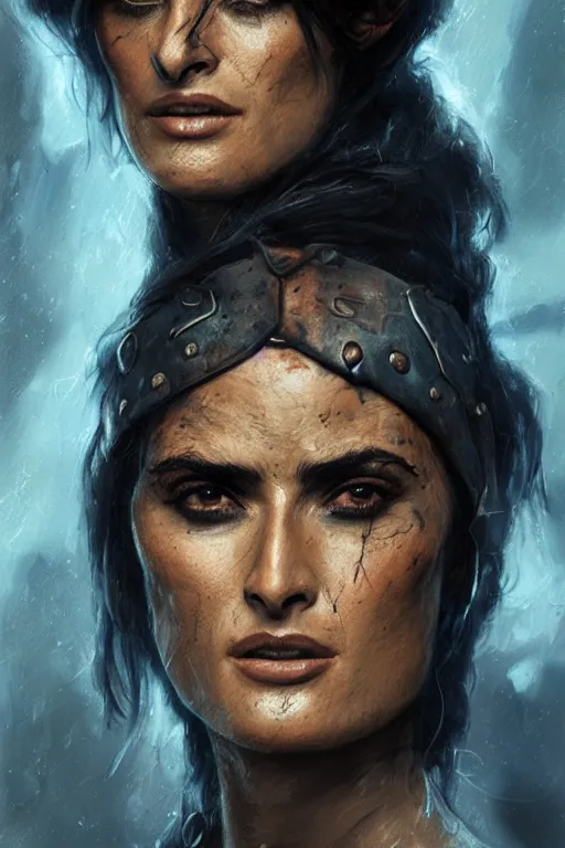 Prompt: portrait, Salma Hayek , barbarian , dressed in tattered blue leather , face portrait, raphael lacoste, eddie mendoza, alex ross, concept art, matte painting, highly detailed, rule of thirds, dynamic lighting, cinematic, detailed, denoised, centred