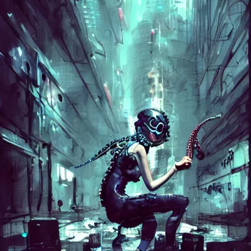 Prompt: Octopus girl playing R&R drum kit, cyberpunk, realistic, detailed, Industrial Scifi, paint, watercolor, in the style of Ashley Wood and Wadim Kashin