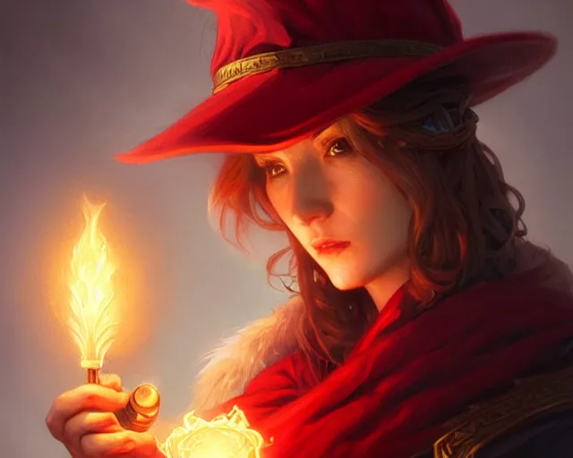 Prompt: red hat wizard, holding a torch, deep focus, d & d, fantasy, intricate, elegant, highly detailed, digital painting, artstation, concept art, matte, sharp focus, illustration, hearthstone, art by artgerm and greg rutkowski and alphonse mucha