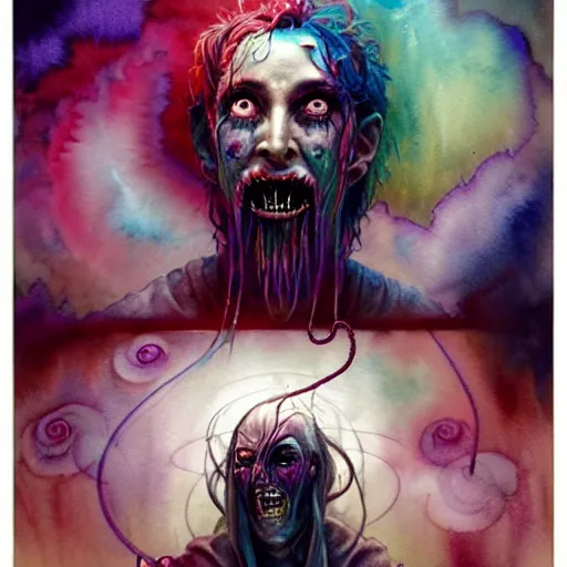 Prompt: watercolor spiritual horror lsd art in muted colors, disturbing grunge still of a lovecraftian demon infested guy flirting with you, by arthur adams, by tom bagshaw, by henry asencio, by kikuchi hideyuki