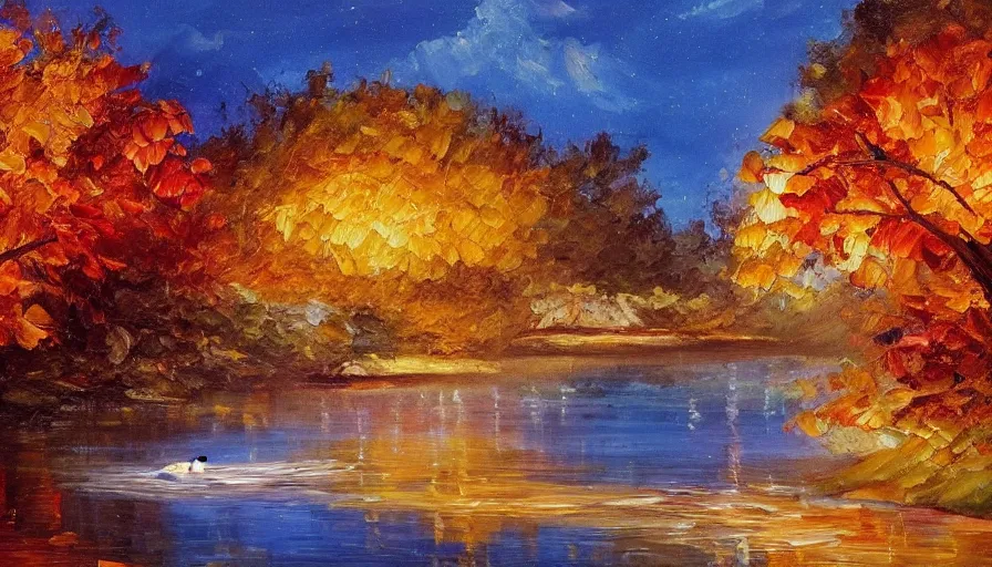 Image similar to an oil painting of a beautiful woman transforming into a peaceful river at night, it's autumn and a gentle breeze is moving leaves around, cinematic lighting, establishing shot, art station