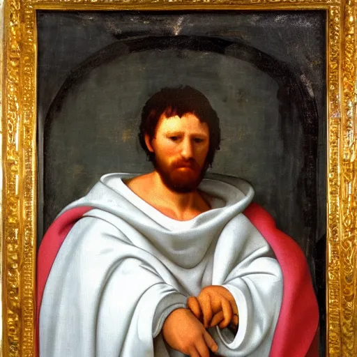Prompt: a man wearing a white robe and hood, gold chains, oil painting, by michelangelo, high detail