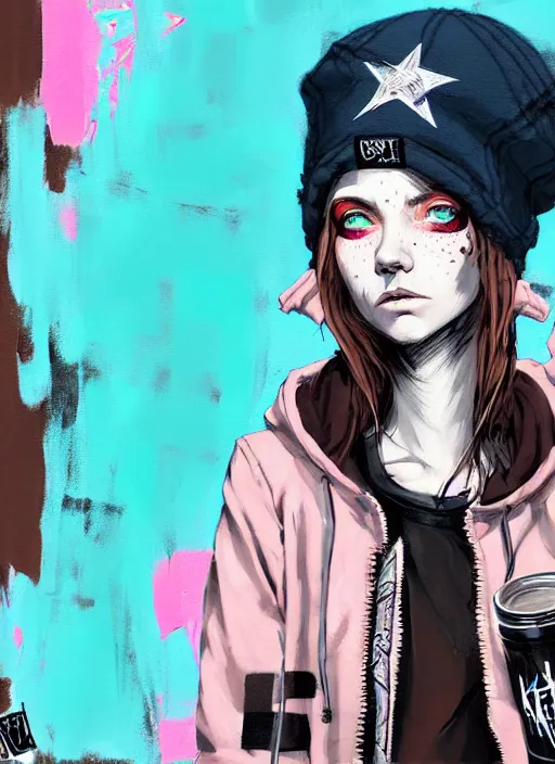 Image similar to highly detailed portrait of an american sewer punk lady student, blue eyes, tartan hoody, hat, white hair by atey ghailan, by greg tocchini, by kaethe butcher, by james gilleard, gradient pink, black, brown, cream and light blue color scheme, grunge aesthetic!!! ( ( graffiti tag wall ) )