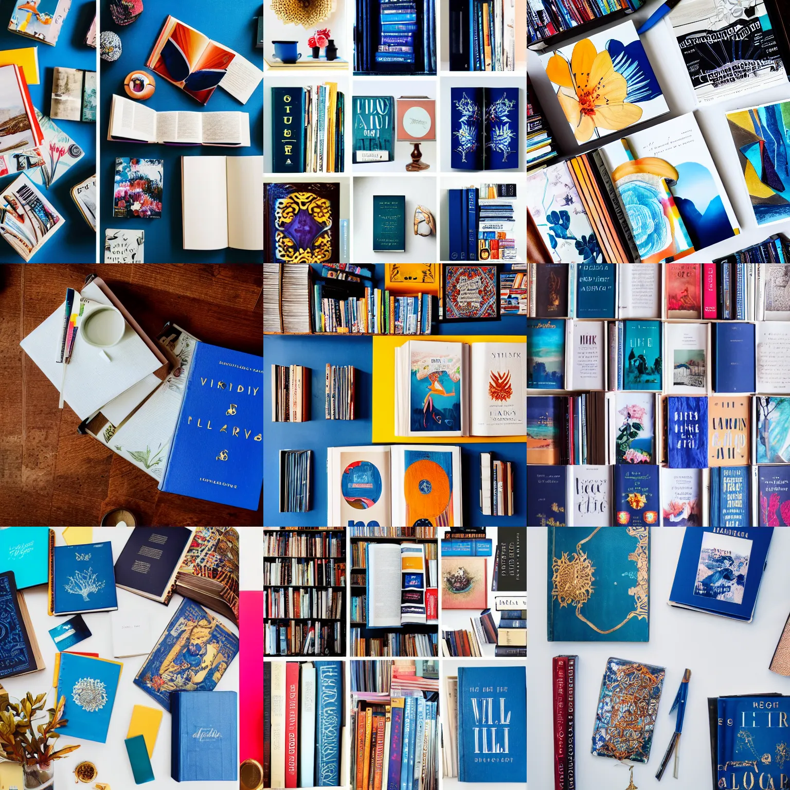 Prompt: flatlay book collection, vivid colors, dramatic lighting, white and blue